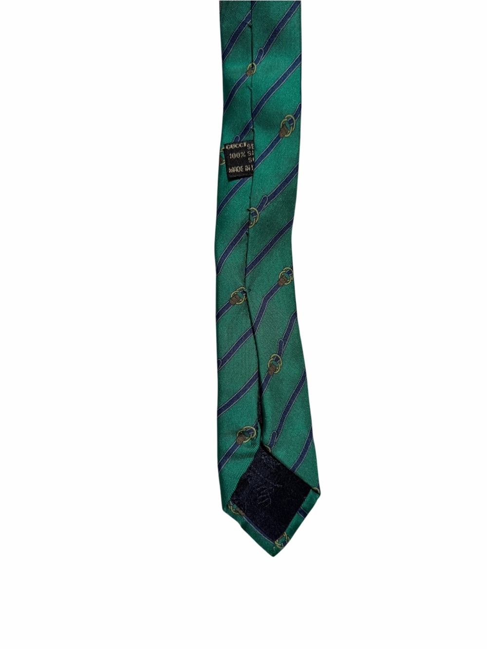 Gucci Green Tie with Navy Diagonal Stripes and Gold Motifs vintage repurpose - Picture 7 of 10